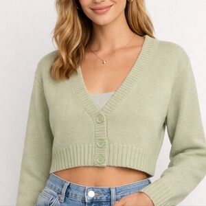 H&M Divided Sage Green Cropped Cardigan Sweater Size S Button Front Scandi-girl
